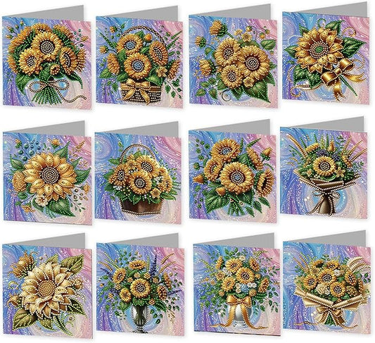 jinglinhh 12pcs Sunflower Basket Diamond Art Painting Greeting Cards with Envelopes, DIY Card Making Kits for Adults, Diamond Art Christmas Cards for Birthday Holiday Postcards Craft Gifts