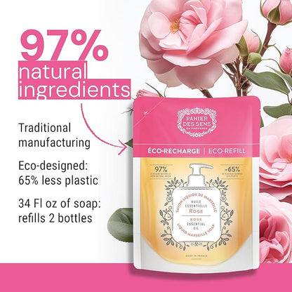 Panier des Sens Liquid Hand Soap Refills - Rose Floral Fragrance - Foaming Moisturizing Hand Soap - French Traditional Savon de Marseille for Kitchen & Bathroom - 34.4 Fl.oz Hand Wash 97% Natural