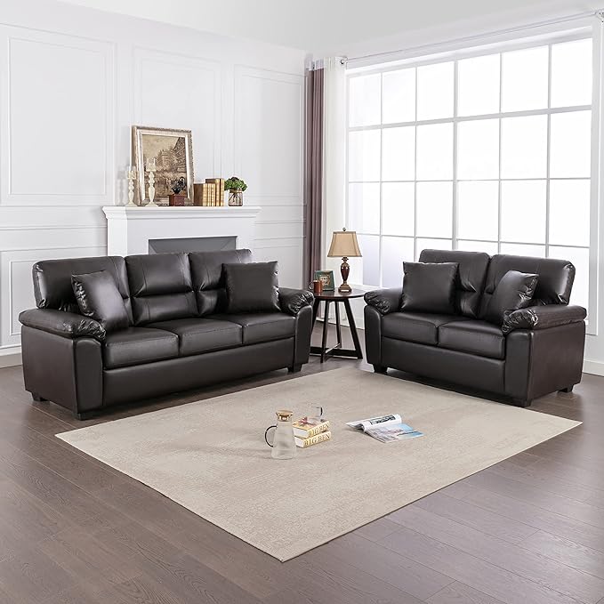 Morden Fort Faux Leather Love seat and Sofa Set, Modern Luxury and Comfy Furniture Sleeper Couches for Living Room, Apartment, Office, Lounge Room