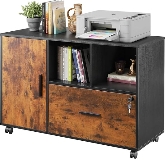 DEVAISE Lateral File Cabinet with Lock, 1-Drawer Rolling File Cabinets on Wheels for Home Office, Wood Printer Stand with Open Storage Shelf, Rustic Brown