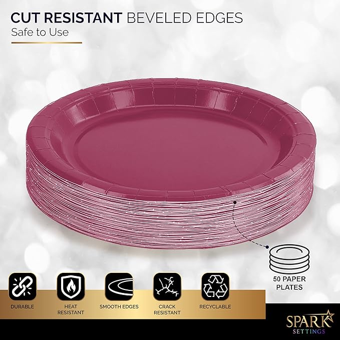 Burgundy Paper Dessert Plates, 6 3/4 Inches, Strong and Sturdy for Party, Dinner, Holiday, Picnic, Travel - Pack of 50