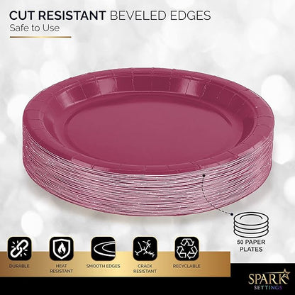 Burgundy Paper Dessert Plates, 6 3/4 Inches, Strong and Sturdy for Party, Dinner, Holiday, Picnic, Travel - Pack of 50