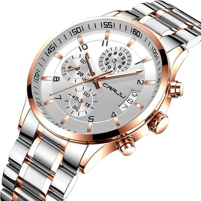CRRJU Men's Fashion Stainless Steel Watches Date Waterproof Chronograph Wristwatches,Black Steel Band Waterproof Quartz Watch for Men