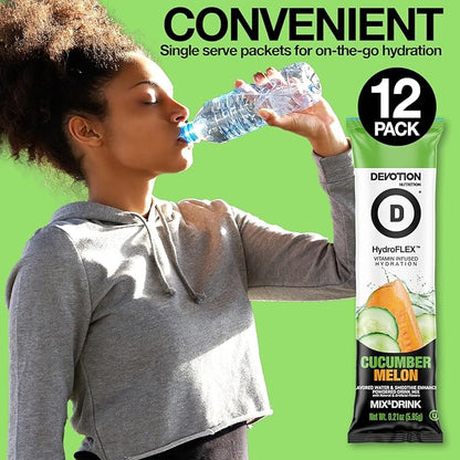 Devotion Nutrition HydroFLEX Water Flavoring Packets – Sugar-Free Hydration with Vitamins & Electrolytes – Dye-Free, Gluten-Free (Cucumber Melon) 12-Pack Drink Mix