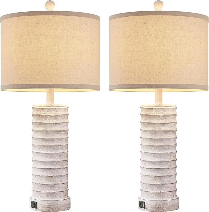 27.5'' Tall Farmhouse Table Lamps for Living Room Set of 2, Rustic Bedroom Lamps for Night Stands, Bedside Lamps with USB Ports for Bedroom Living Room, Nightstand Lamps for End Table, Hallway
