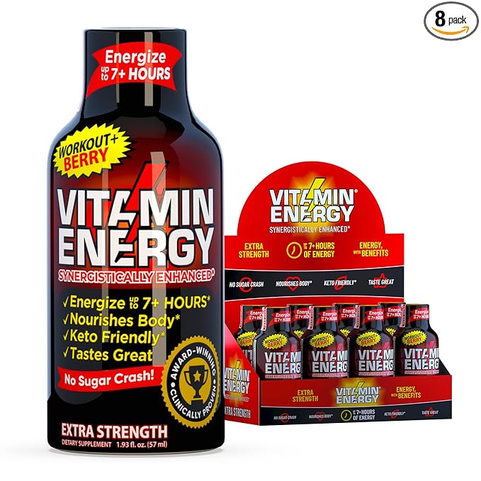 Vitamin Energy Workout+ Extra Strength Energy Shot Berry 8 Pack, 260mg Natural Caffeine, Pre-Workout, B-Vitamins, Minerals, Endurance & Performance, Zero Sugar, Gluten-Free, Vegan, 1.93 fl oz