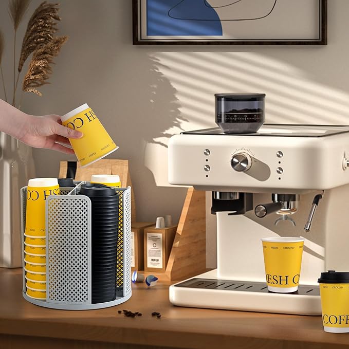 4-Compartment Rotating Paper Cup Holder & Coffee Cup Lid Storage Dispenser, Plastic Cup Dispenser Removable, Space-Saving Countertop Cup Holder for Coffee Bars, Kitchens (Grey)