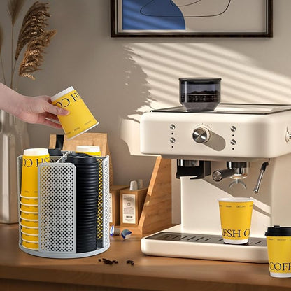 4-Compartment Rotating Paper Cup Holder & Coffee Cup Lid Storage Dispenser, Plastic Cup Dispenser Removable, Space-Saving Countertop Cup Holder for Coffee Bars, Kitchens (Grey)