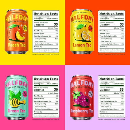 HALFDAY Prebiotic Iced Tea Lemon, Peach, Raspberry and Green Tea with Honey & Ginseng Variety Pack, Gut Health, Plant Fiber & Prebiotics, Low Sugar, 35 Calories, Natural Caffeine, 12 fl oz (12 pack) Packaging May Vary