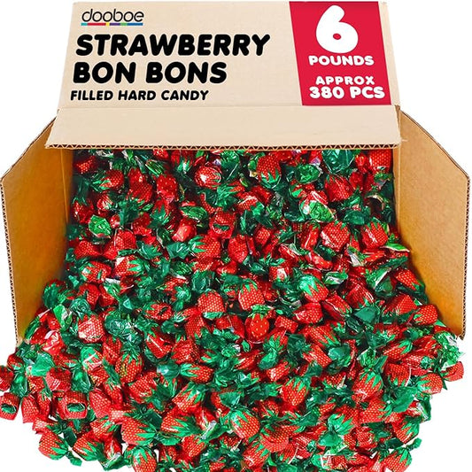 Dooboe Christmas Strawberry Hard Candy - 6 Pounds - Holiday Strawberry Filled Bon Bons Bulk - Individually Wrapped Candy for Office