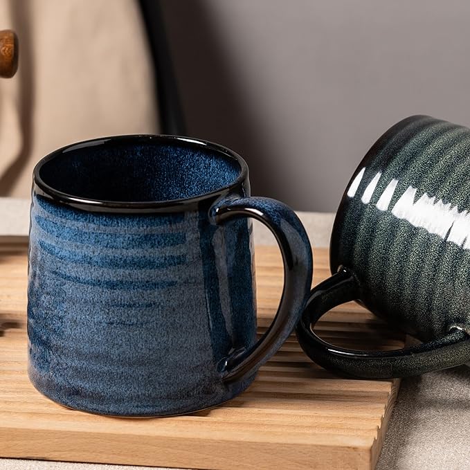 Ceramic Coffee mugs, 21 oz, Extra Large Mugs, Big Tea Cups, Large Handle, Pottery Mugs, Big Belly, Transmutation Glaze，Wide Bottom, stripe pattern, Microwave and Dishwasher Safe. (Blue)