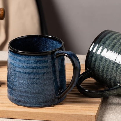 Ceramic Coffee mugs, 21 oz, Extra Large Mugs, Big Tea Cups, Large Handle, Pottery Mugs, Big Belly, Transmutation Glaze，Wide Bottom, stripe pattern, Microwave and Dishwasher Safe. (Blue)