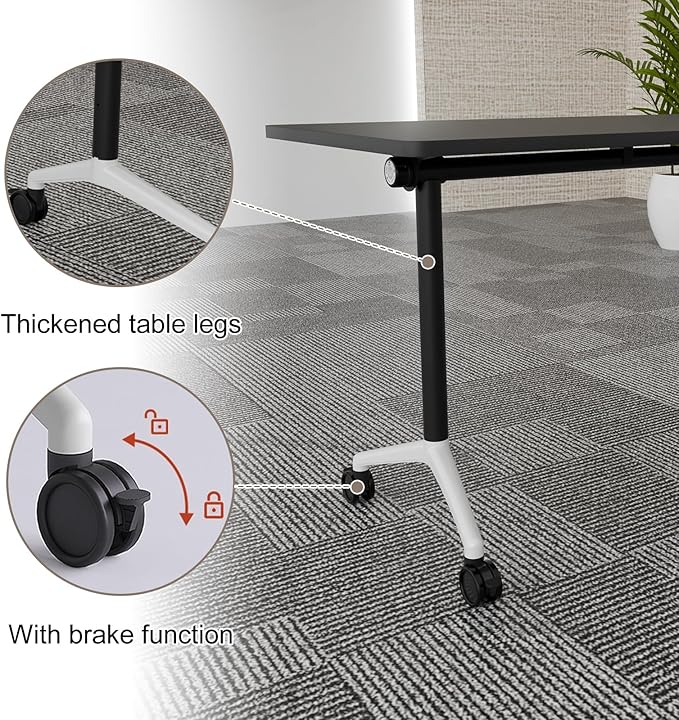 Folding Conference Table, Rectangular Conference Room Tables, Mobile Modular Training Table, Solid Steel Frame,Thickened Panel,for Offices,Meeting Room,Offices andSchools (6, Black, 55in)