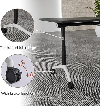 Folding Conference Table, Rectangular Conference Room Tables, Mobile Modular Training Table, Solid Steel Frame,Thickened Panel,for Offices,Meeting Room,Offices andSchools (8, Black, 71in)