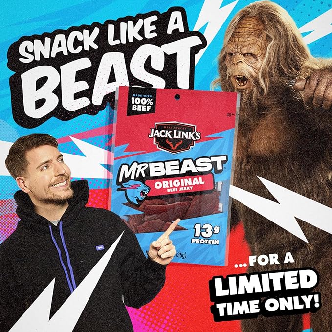 Jack Link’s x MrBeast Original Beef Jerky – 13g Protein per Serving, Made with 100% Real Beef, Pantry-Ready, Kids Snacks, Great Stocking Stuffers and Gifts, 10 Count of 1.25 oz Bags
