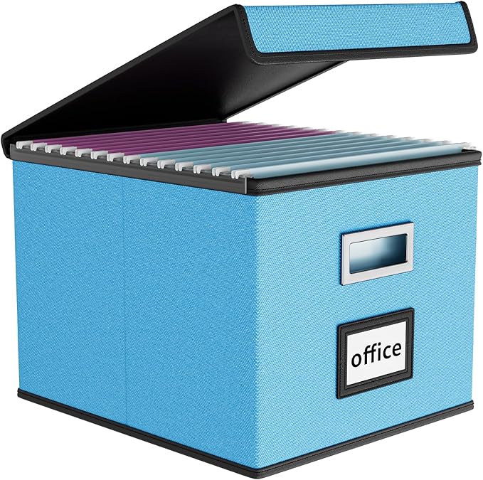 Huolewa Portable File Organizer Box Office Document Storage with Lid, Linen Hanging Filing Storage Boxes, Decorative Home/Office Filing System for File and Folders Storage (Sky-blue)