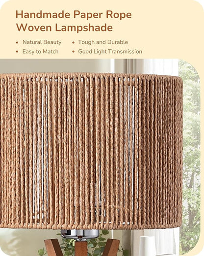 EDISHINE 17.5" Rattan Table Lamp, Wood Bedside Lamp with Handmade Paper Rope Woven Lampshade, Nightstand Lamp for Living Room, Bedroom, E26 Base, ON-Off Switch
