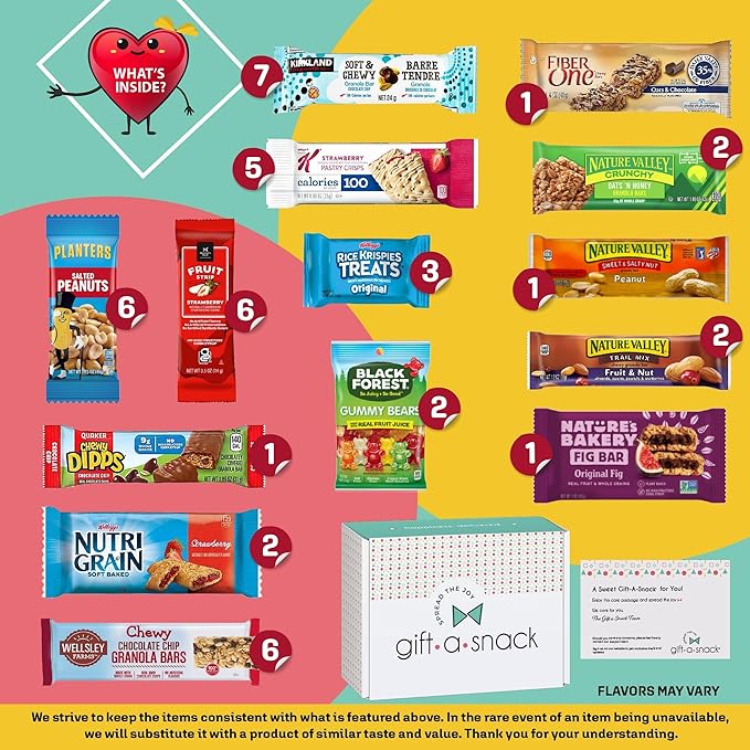 Gift A Snack - Thanksgiving, Holiday, Christmas Stocking Stuffer Healthy Granola Breakfast Bars, Snack Box Care Package + Greeting Card (45 Count) Birthday Treats Gift Basket Nutritious Chips