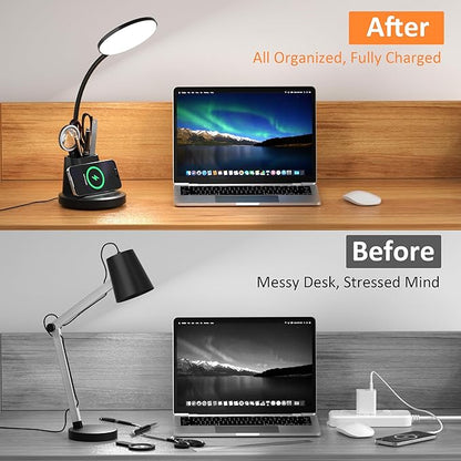 Desk Lamp with Wireless Charger, LED Desk Lamp for Home Office with Pen Holder, Dimmable Eye-Caring Study Desk Light Flexible Arm 3 Color Modes for College Dorm, 800 Lumens CRI 90