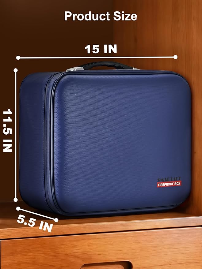 SMARTAKE Fireproof Document Box with Lock, Hard Case Waterproof Safe Box File Organizer, for Important Documents Papers Passports Certificates Laptop Money Safe Storage, Blue (15x11.5x5.5 Inch)
