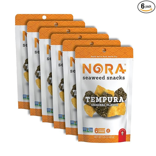 Original Tempura Seaweed Snacks by Nora, Thick Nori Sheets Snack Strips, Low-Carb Healthy Snacks for Adults, Asian Snacks, Vegan, Non-GMO, 6-Pack
