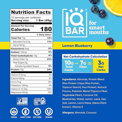 IQBAR Brain and Body Plant Protein Bars - Lemon Blueberry - 36-Count - Keto, Vegan, Low Carb, High Fiber, Gluten Free, Dairy Free, Low Sugar Snack with Nutrients for Focus, Energy, Meal Replacement