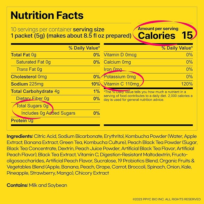 SUNMANC Kombucha 10 packets, Convenient Powdered Drink Mix, Tea Powder, Low Calories, Sugar 0g, Low Caffeine (Peach)