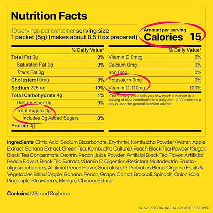 SUNMANC Kombucha 10 packets, Convenient Powdered Drink Mix, Tea Powder, Low Calories, Sugar 0g, Low Caffeine (Peach)