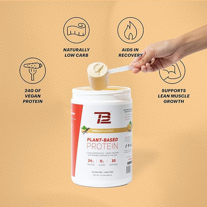 TB12 Plant Based Protein Powder by Tom Brady, 24g of Vegan Pea Protein, Low Sugar, Low Carb, Non-GMO, Meal Replacement, Keto Friendly, Paleo, Sugar Free, Vanilla Flavor (30 Servings/2.12lbs)