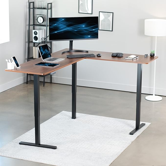 VIVO Electric Corner 75 x 63 inch L-Shaped Standing Desk, Memory Height Adjustment, Dark Walnut Top Black Frame, DESK-E3CTD-75
