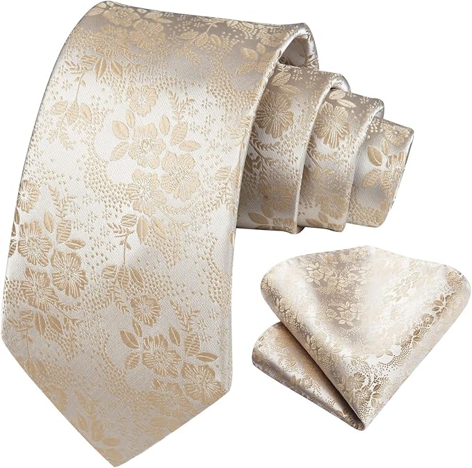 HISDERN Men Floral Ties Woven Classic 3.4" Necktie Set Formal Tie Pocket Square for Wedding with Handkerchief Gift Box