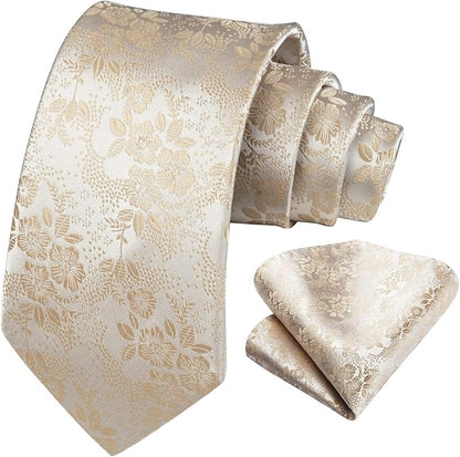 HISDERN Men Floral Ties Woven Classic 3.4" Necktie Set Formal Tie Pocket Square for Wedding with Handkerchief Gift Box