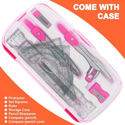 Maths Compasses Full Starter Geometry Kit with 2 Drafting Compasses Protractor 2 Set Squares Ruler Pencil and More for Students Maths Study Homework etc. Pink