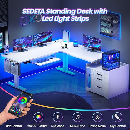 SEDETA L Shaped Electric Standing Desk with File Cabinet, 63 x 53'' Height Adjustable Home Office Computer Desk with Drawers, Power Outlet, Stand up Gaming Table with Led Lights, Keyboard Tray, White