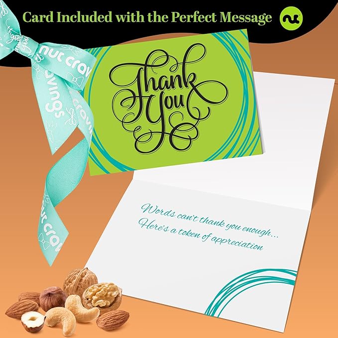 NUT CRAVINGS Gourmet Collection - Thank You Appreciation, Nuts Gift Basket with TY Ribbon + Greeting Card in Reusable Wooden Tray (12 Assortments) Food Arrangement, Healthy Snack Care Package