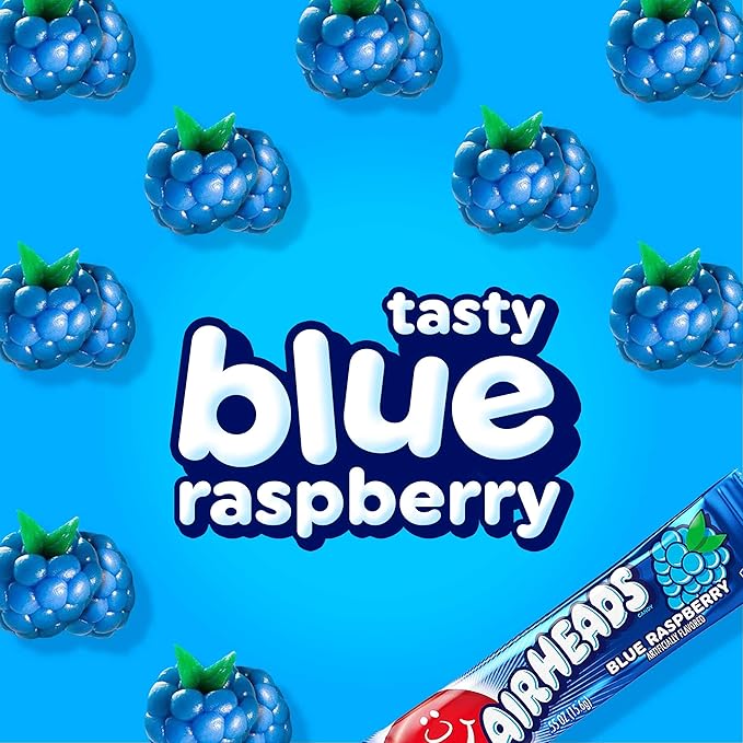 Airheads Candy, Blue Raspberry Flavor, Individually Wrapped Full Size Bars, Taffy, Non Melting, Party, Pack of 36 Bars