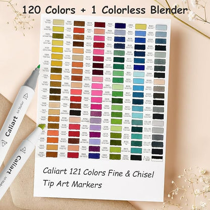 Caliart 121 Colors Alcohol Based Markers, Dual Tip Art Marker Set Chisel & Fine, Permanent Colored Pens for Adults Coloring Book Artists Sketch Illustration Drawing Supplies Gifts