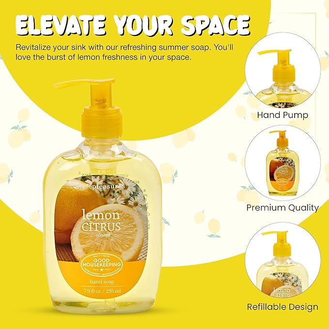 SIMPLE PLEASURES Premium Hand Soap Collection - Lemon Scent, 7.9 oz Bottle with Jumbo 61.4 oz Refill - Goodhousekeeping Seal Approved - Multiple Scents Lemon Hand Soap Dispenser Refills