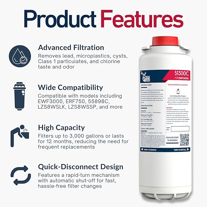 6 Pack Buck 51300C Replacement Filter for EWF3000 – Compatible with Elkay ezH2O Bottle Filling Stations, 3000 Gallons, 12 Months, No Chip, High-Performance Filtration, Easy Install, Fast Flow