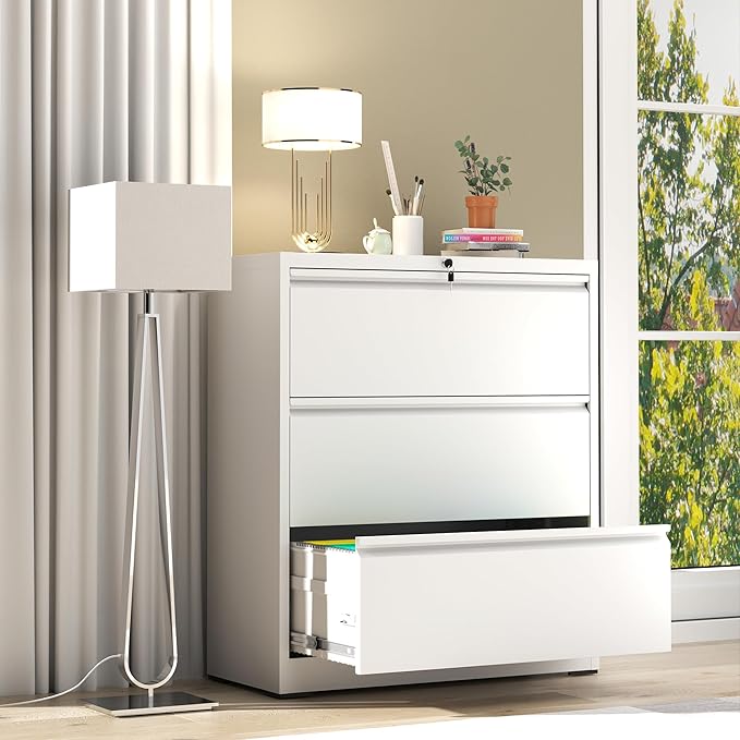 File Cabinet with Lock, 3 Drawer Lateral Filing Cabinet for Home Office, White Metal Heavy Duty File Cabinets for Hanging Letter/Legal/F4/A4 Size Files, Assembly Required