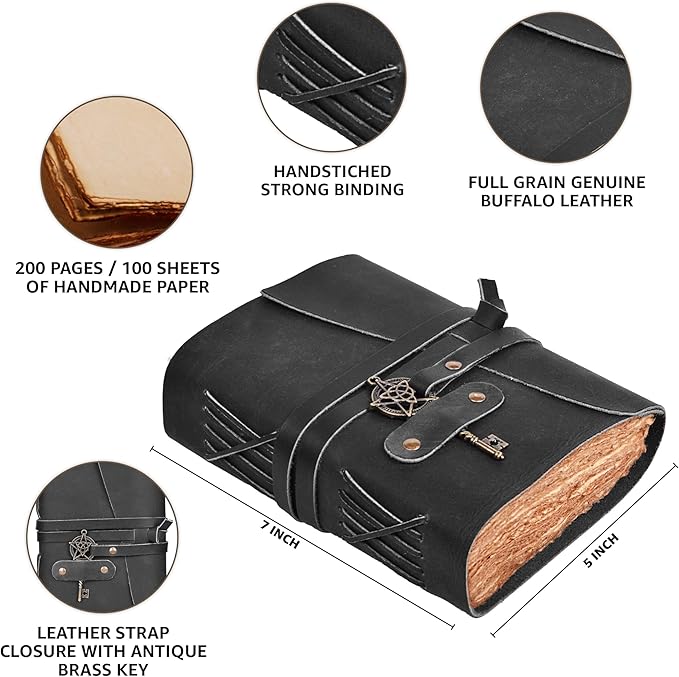 LEATHER VILLAGE Leather Bound Vintage Journal for Women & Men - 7"X5"(A7), Distressed Black, 200 Pages of Handmade Deckle Edges Watercolor Paper - Antique Lock Closure - Book of Shadow