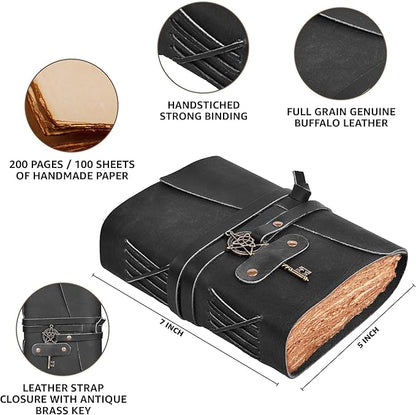 LEATHER VILLAGE Leather Bound Vintage Journal for Women & Men - 7"X5"(A7), Distressed Black, 200 Pages of Handmade Deckle Edges Watercolor Paper - Antique Lock Closure - Book of Shadow