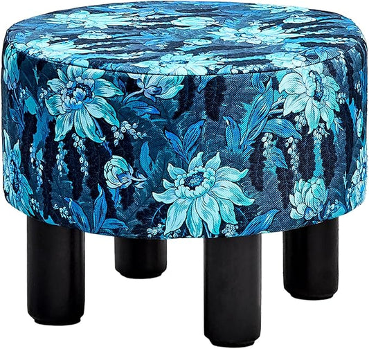 Cpintltr Foot Stool Linen Ottoman Round Footstool for Couch Desk Soft Step Stool Padded Foot Rest with Non-Skid Pine Legs Multiple Colors Furniture for Hallway Office Lounge Dorm Room Flower Blue