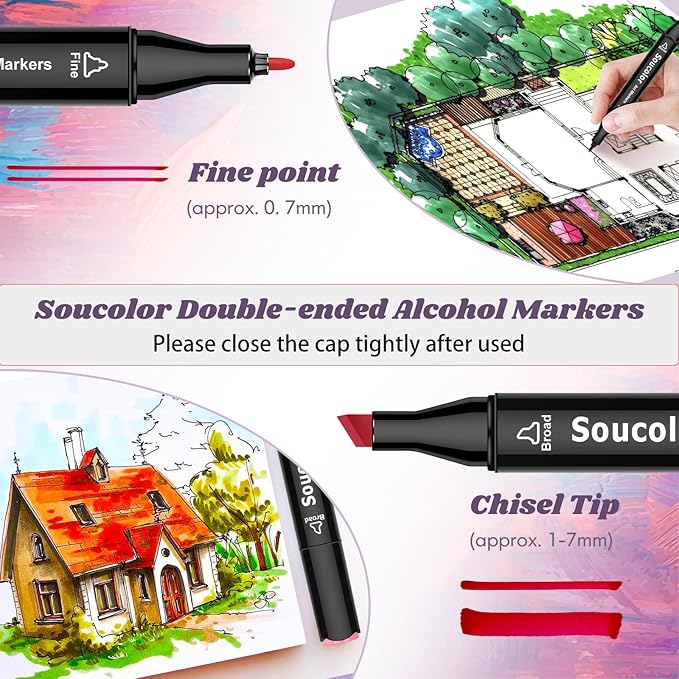 Soucolor Alcohol Markers, 131 Dual Tip Permanent Artist Art Marker for Adult Coloring, Sketching and Illustrations, with Case for Easy Storage, Alcohol Based Markers for Book Painting and Card Making