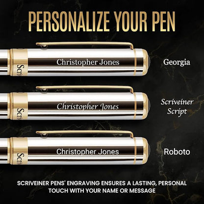 Scriveiner Personalized Silver Chrome Ballpoint Pen - Stunning Luxury Pen, Real Gold Plating, Schmidt Ink Refill, Best Engraved Ball Point Gift Set for Men & Women, Custom Name Engraving