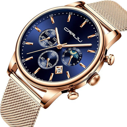 CRRJU Men's Fashion Casual Watches Auto Date Chronograph Watch Men Nice Work Watches Waterproof 30M Full Steel Quartz with Mesh Strap