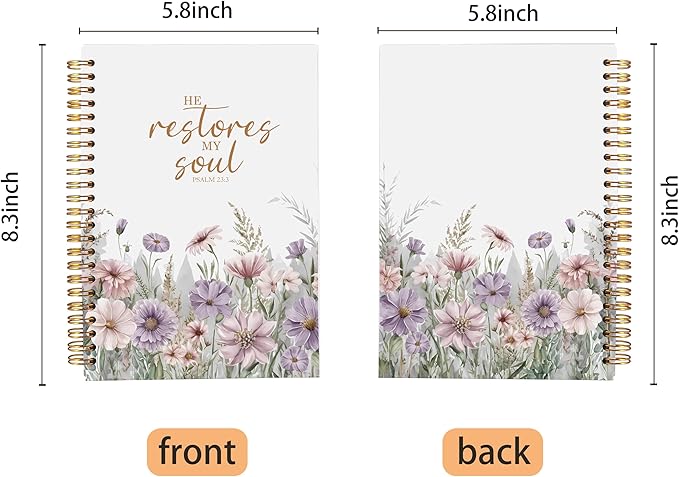 Christian Notebook for Women, Christian Art Gifts Journal, Prayer Journal for Women, Bible Journaling Notebook, PSALM 23:3 He Restores My Soul Floral Spiral Notebook 5.5x8.3