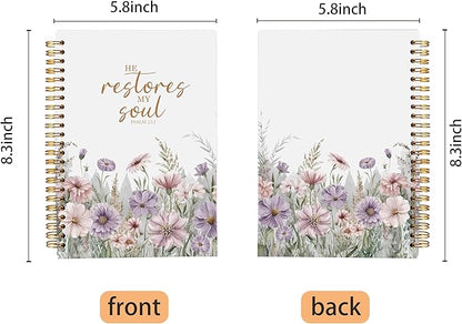Christian Notebook for Women, Christian Art Gifts Journal, Prayer Journal for Women, Bible Journaling Notebook, PSALM 23:3 He Restores My Soul Floral Spiral Notebook 5.5x8.3