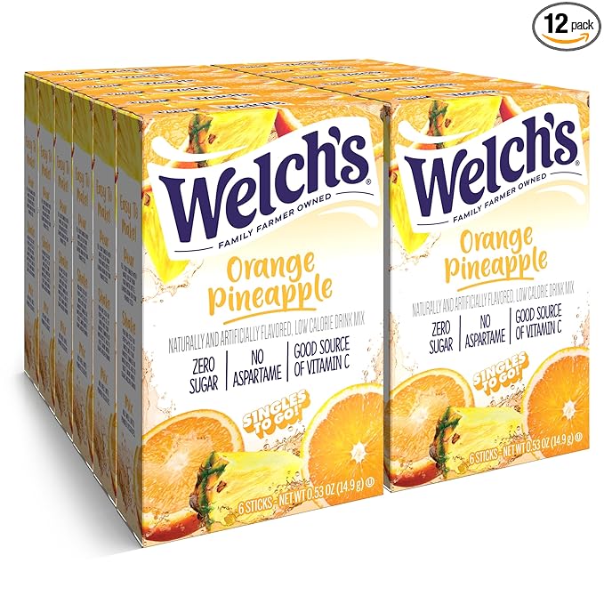 Welch's Singles To Go Water Drink Mix - Powder Sticks, 12 Boxes with 6 Packets Each - 72 Total Servings, Orange Pineapple, Pack of 12