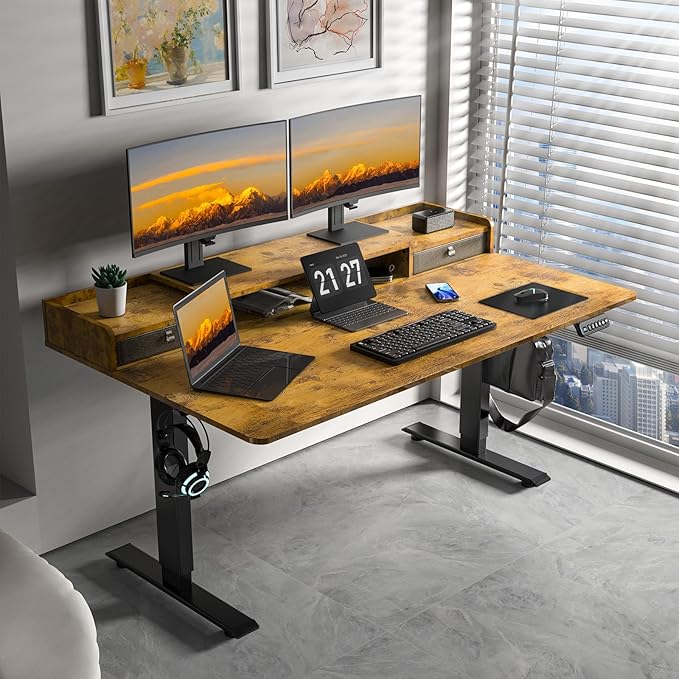 63 x 30 Inch Standing Desk with 2 Drawers, Adjustable Height Widened Stand Up Desk with Storage, Sit to Stand Ergonomic Workstation for Home Office, Rustic Brown